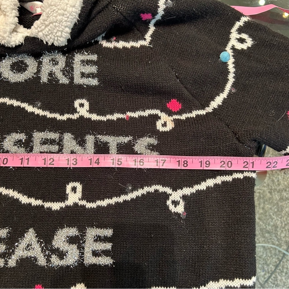 Christmas Sweater Hoodie Knit Sherpa Silver Lettering Pom Poms - Picture 13 of 14